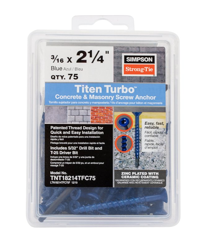 Simpson Strong-Tie Titen Turbo TNT18214TFC75 Screw Anchor, 3/16 in Dia, 2-1/4 in L, Carbon Steel, Ceramic-Coated/Zinc