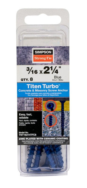 Simpson Strong-Tie Titen Turbo TNT18214TFC8 Screw Anchor, 2-1/4 in L, Carbon Steel, Ceramic-Coated/Zinc, 3/16 in Dia