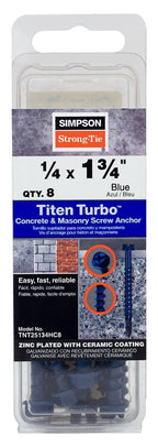 Simpson Strong-Tie Titen Turbo TNT25134HC8 Screw Anchor, 1/4 in Dia, 1-3/4 in L, Carbon Steel, Ceramic-Coated/Zinc, 8/PK