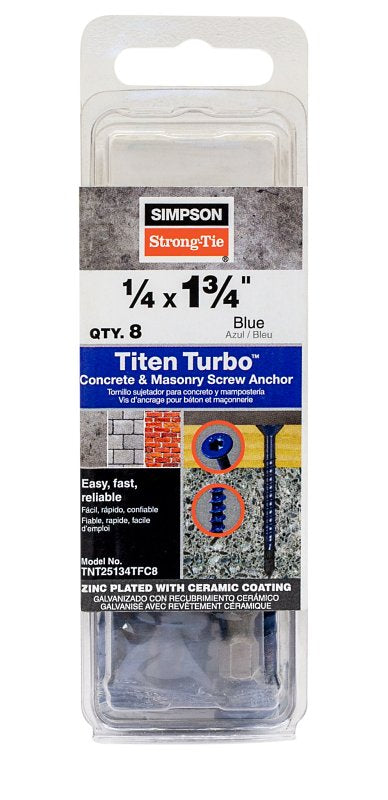 Simpson Strong-Tie Titen Turbo TNT25134TFC8 Screw Anchor, 1-3/4 in L, Carbon Steel, Ceramic-Coated/Zinc, 1/4 in Dia