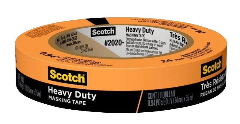 Scotch 2020+OR24 Masking Tape, 60 yd L, 0.94 in W, Crepe Paper Backing, Orange