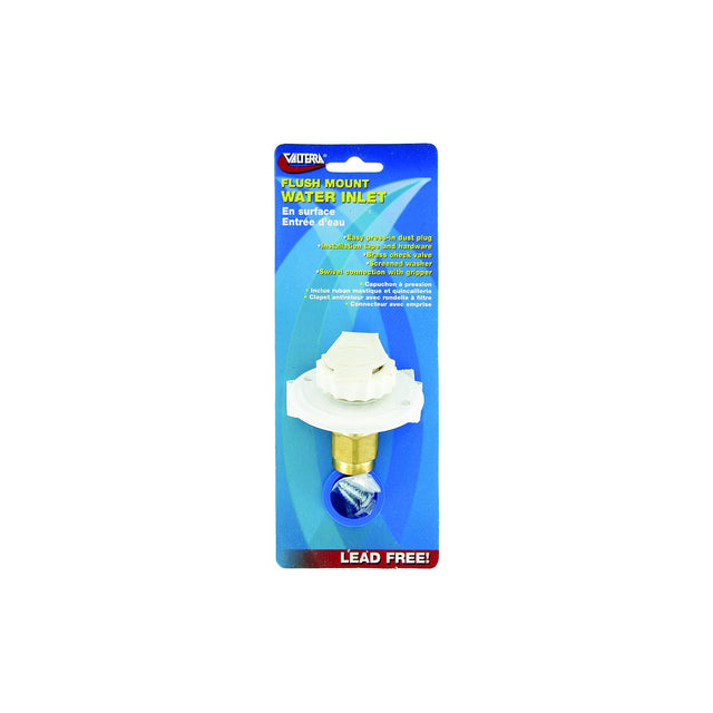 Valterra White Flush Mount FPT Brass Check Valve RV Water Inlet - Includes Screws, Putty Tape & Teflon Tape