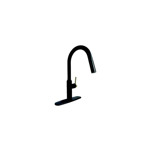Valterra PF231780 8″ Premium Slimline Single Handle Pull Down Kitchen Faucet, Matte Black w/Gold Handle