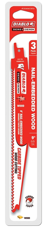 Diablo DS0906CWS3 Reciprocating Saw Blade, Applicable Materials: Wood, 9 in L, 6/9 TPI, Carbide Cutting Edge