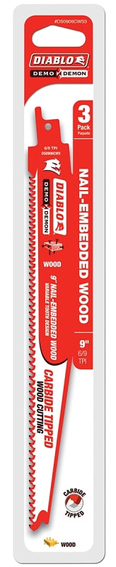Diablo DS0906CWS3 Reciprocating Saw Blade, Applicable Materials: Wood, 9 in L, 6/9 TPI, Carbide Cutting Edge