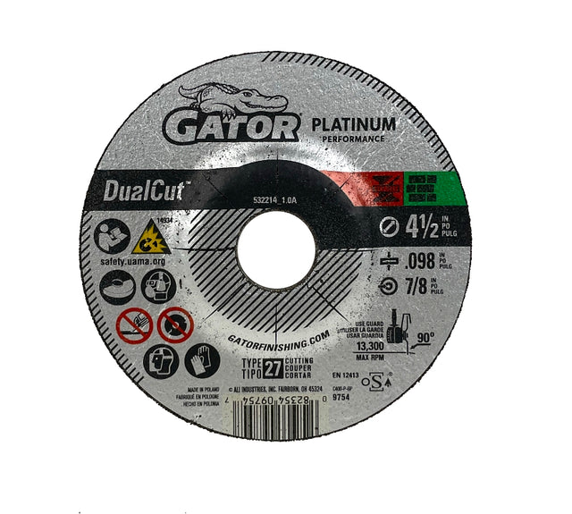 Gator 9754 Cut-Off Wheel, 4-1/2 in Dia, 0.098 in Thick, Aluminum Oxide Abrasive, 7/8 in Arbor