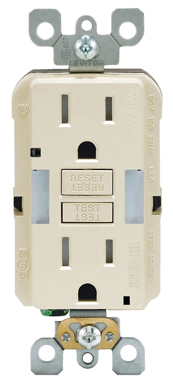 Leviton R96-GFNL1-00T GFCI Duplex Receptacle with Guide Light, Thermoplastic, Light Almond, 2-Pole, 15 A, 125 V