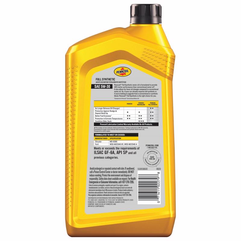 Pennzoil 5W-30 Gasoline Synthetic Motor Oil 1 qt 1 pk, Pack of 6