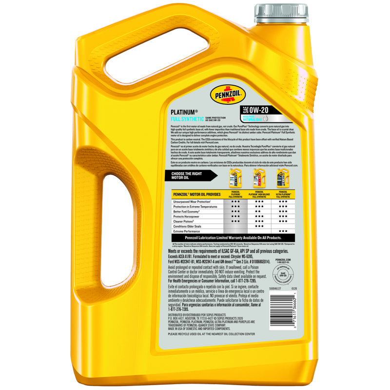 Pennzoil Platinum 0W-20 Gasoline Synthetic Motor Oil 5 qt 1 pk, Pack of 3