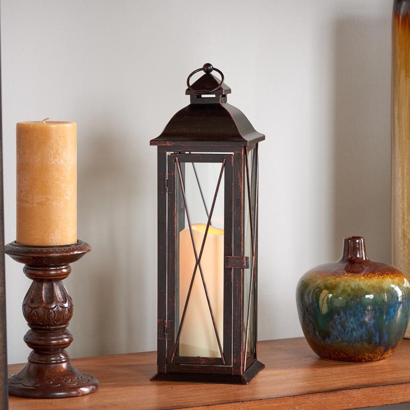 Smart Living 16 in. Glass/Metal Siena Bronze LED Candle Lantern, Pack of 2