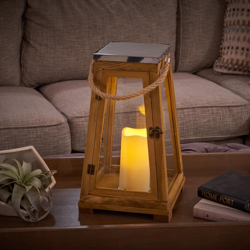 Smart Living 15 in. One Mantle Wood Newport Brown LED Candle Lantern, Pack of 2