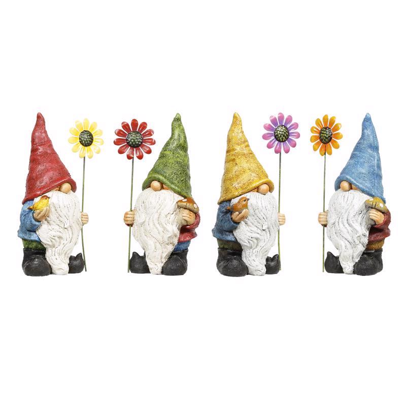 Alpine Polyresin Multi-color 10 in. Gnome with Flower Statue, Pack of 4