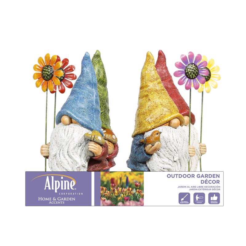 Alpine Polyresin Multi-color 10 in. Gnome with Flower Statue, Pack of 4