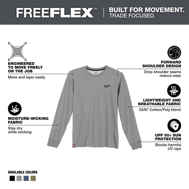 Milwaukee M Long Sleeve Men's Crew Neck Gray Hybrid Work Tee Shirt