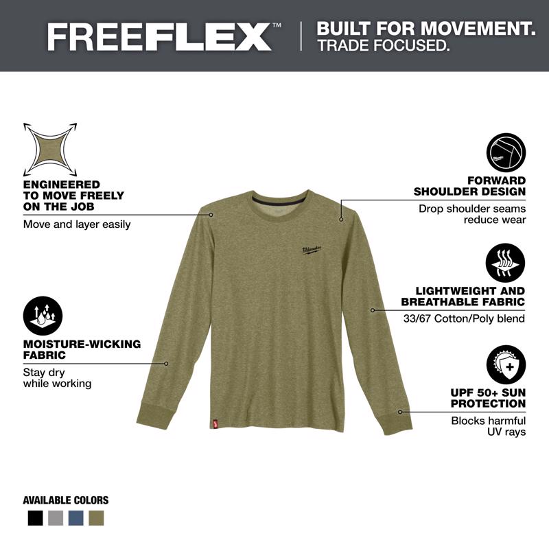 Milwaukee XXL Long Sleeve Men's Crew Neck Green Hybrid Work Tee Shirt
