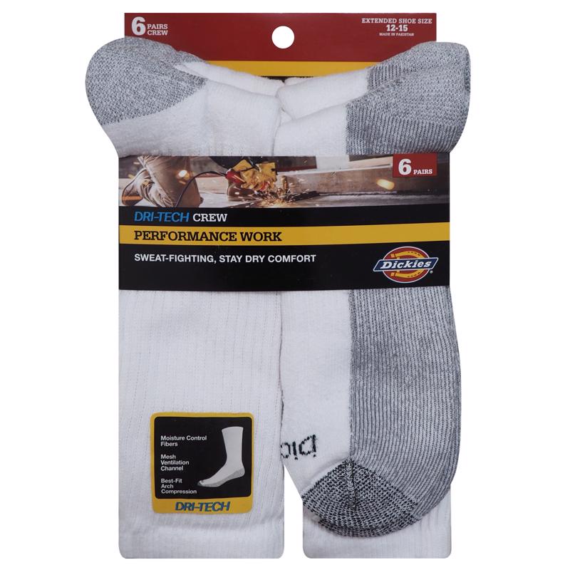Dickies Dri-Tech Men's 12-15 Crew Socks White, Pack of 2