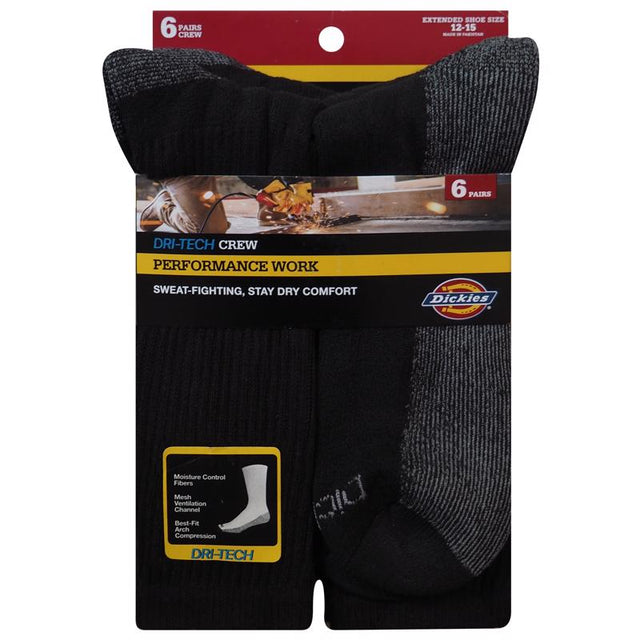 Dickies Dri-Tech Men's 12-15 Crew Socks Black, Pack of 2
