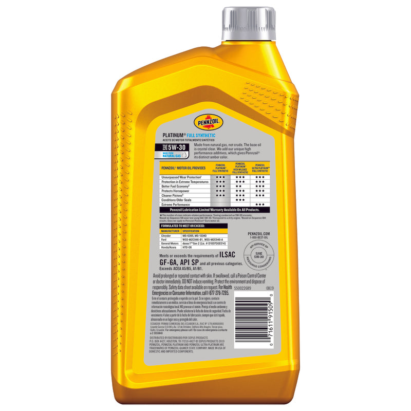 Pennzoil Platinum 5W-30 Synthetic Motor Oil 1 qt 1 pk, Pack of 6