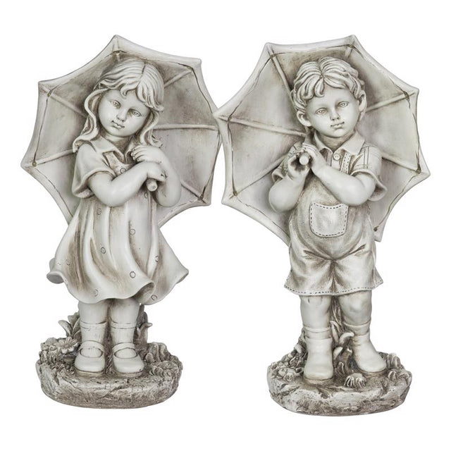 Exhart Resin Stone 18.7 in. Boy and Girl with Umbrella Statue, Pack of 2