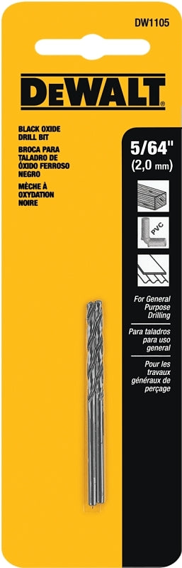 DEWALT DW1105 Jobber Drill Bit, 5/64 in Dia, 2 in OAL, Parabolic Flute, 5/64 in Dia Shank, Round Shank, Pack of 5