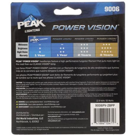 Peak Power Vision Halogen Forward Lighting Automotive Bulb 9006