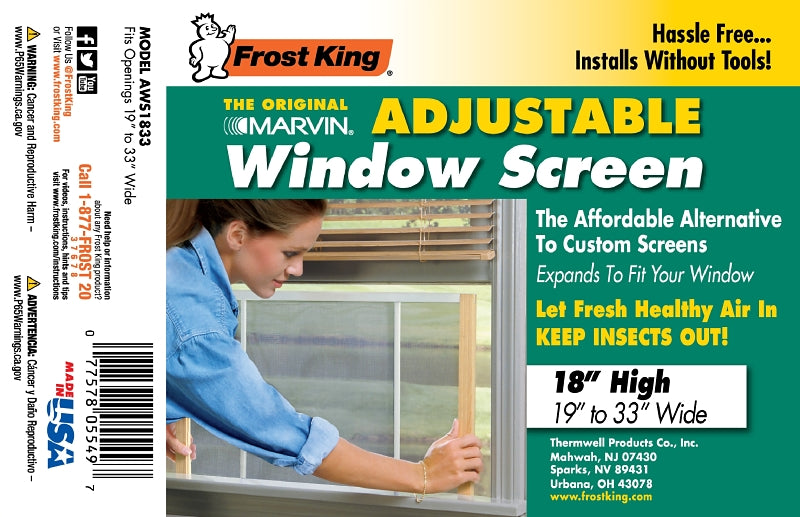 Frost King W.B. Marvin AWS1833 Window Screen, 18 in L, 19 to 33 in W, Aluminum