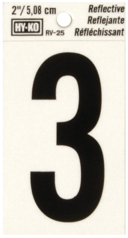 Hy-Ko RV-25 Series RV-25/3 Self-Adhesive Reflective Number, Character: 3, 2 in H Character, Black Character, Vinyl, Pack of 10