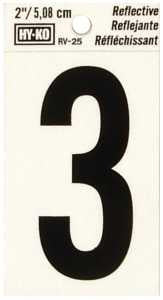 Hy-Ko RV-25 Series RV-25/3 Self-Adhesive Reflective Number, Character: 3, 2 in H Character, Black Character, Vinyl, Pack of 10