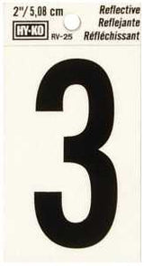 Hy-Ko RV-25 Series RV-25/3 Self-Adhesive Reflective Number, Character: 3, 2 in H Character, Black Character, Vinyl, Pack of 10