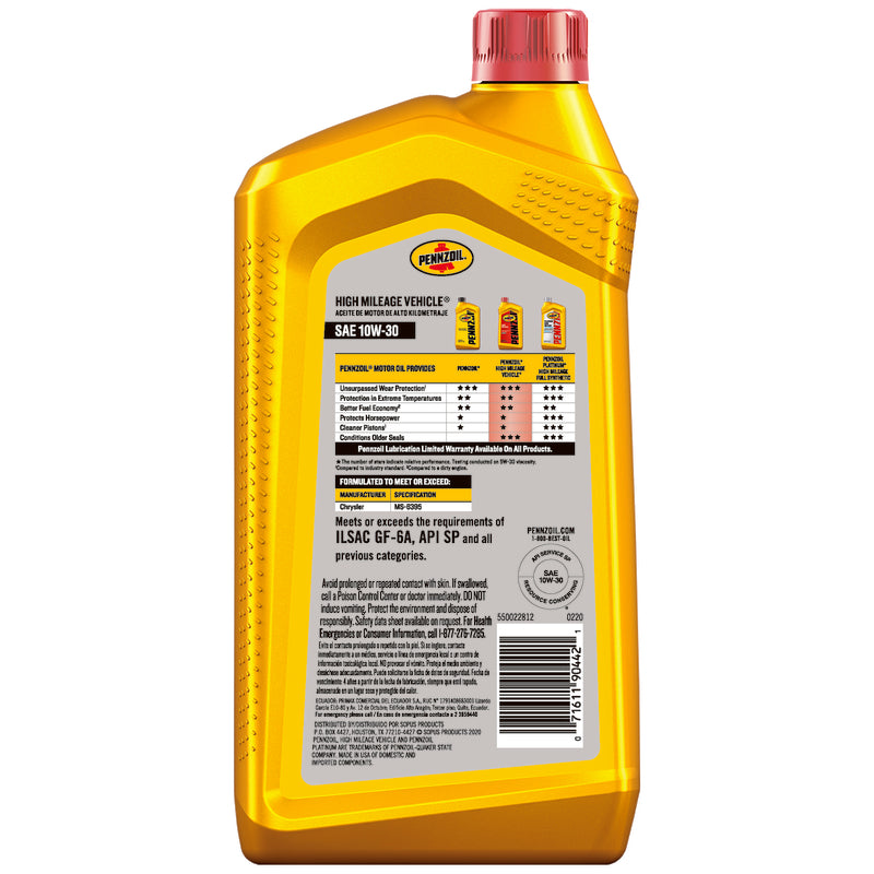 Pennzoil High Mileage 10W-30 4-Cycle Synthetic Motor Oil 1 qt 1 pk, Pack of 6