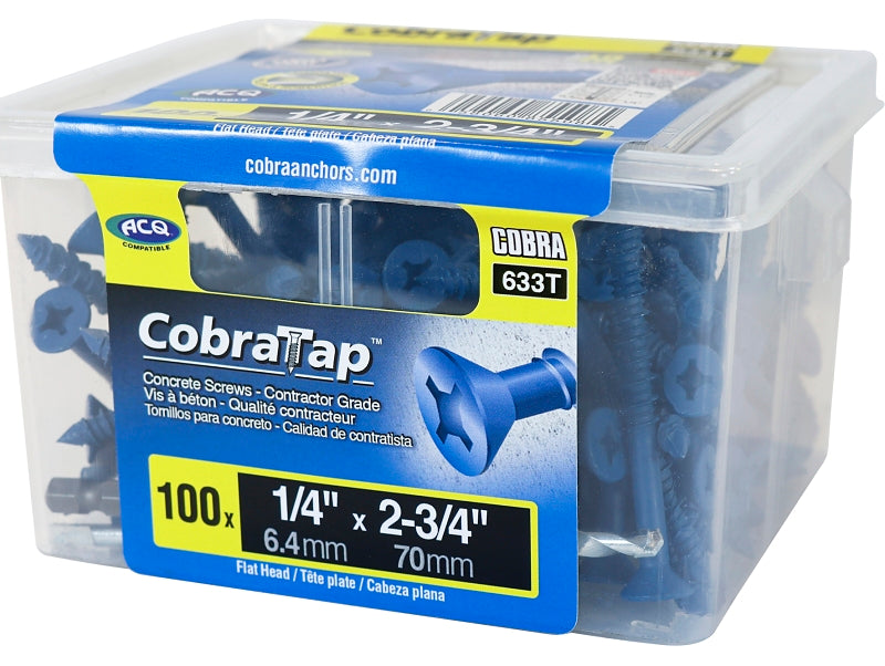 Cobra Anchors 633T Screw, 1/4 in Thread, 2-3/4 in L, Flat Head, Phillips, Robertson Drive, Steel, 100/PK