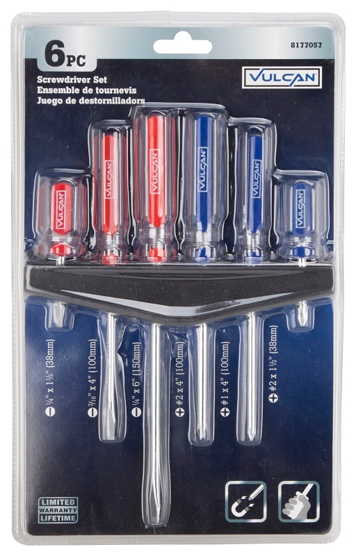 Vulcan SD-SET-1 Screwdriver Set, 6-Piece, Chrome Plated, Blue & Red (Handle)