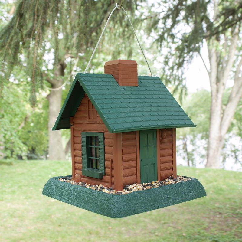 North States Log Cabin Wild Bird 1 lb Plastic Hopper Bird Feeder 4 ports, Pack of 2