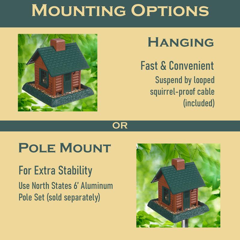 North States Log Cabin Wild Bird 1 lb Plastic Hopper Bird Feeder 4 ports, Pack of 2