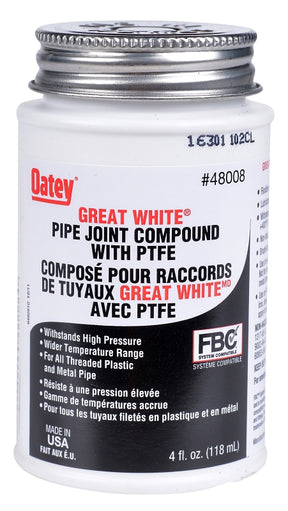 Oatey Great White 48008 Pipe Joint Compound, 4 oz Can, Liquid, White