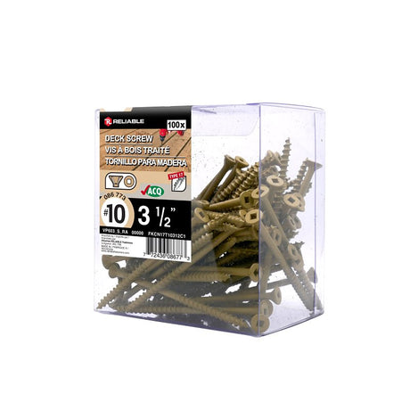 Reliable FKCN17T10312C1 Deck Screw, #10-9 Thread, 3-1/2 in L, Coarse, Partial Thread, Flat with Nibs Head, Square Drive