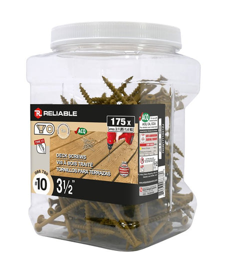 Reliable FKCN17T10312J Deck Screw, #10-9 Thread, 3-1/2 in L, Coarse, Partial Thread, Flat with Nibs Head, Square Drive