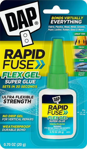 DAP RapidFuse, Flex Gel 7079800163 Super Glue, Liquid, Sharp, Clear, 0.7 oz Bottle