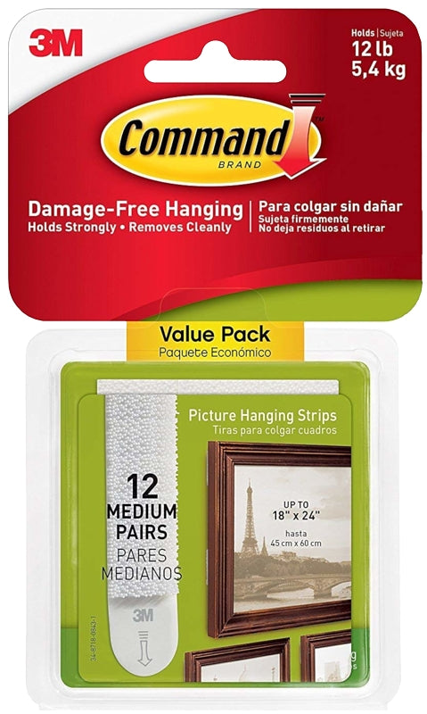 Command 17204-12ES Medium Picture Hanging Strip, 3/4 in W, 2-3/4 in L, Foam Backing, White, 3 lb, Pack of 6