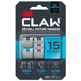 3M CLAW 3PH15M-5ES Drywall Picture Hanger, 15 lb, Steel, Push-In, 5/PK, Pack of 4