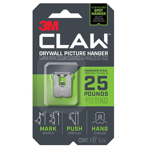 3M CLAW 3PH25M-1ES Drywall Picture Hanger, 25 lb, Steel, Push-In, 1/PK, Pack of 4