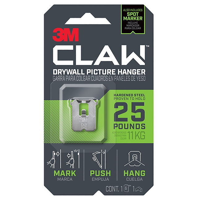 3M CLAW 3PH25M-1ES Drywall Picture Hanger, 25 lb, Steel, Push-In, 1/PK, Pack of 4