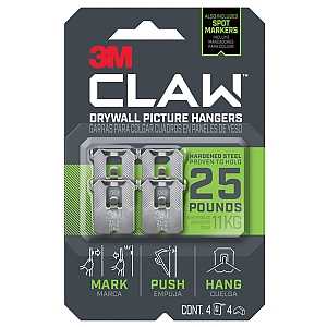 3M CLAW 3PH25M-4ES Drywall Picture Hanger, 25 lb, Steel, Push-In, 4/PK, Pack of 4