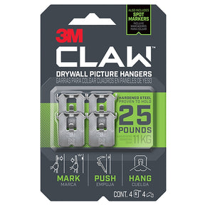 3M CLAW 3PH25M-4ES Drywall Picture Hanger, 25 lb, Steel, Push-In, 4/PK, Pack of 4