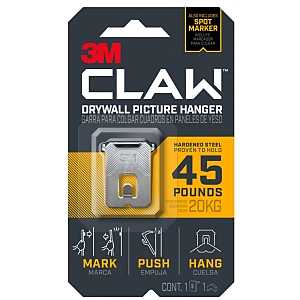 3M CLAW 3PH45M-1ES Drywall Picture Hanger, 45 lb, Steel, Push-In, 1/PK