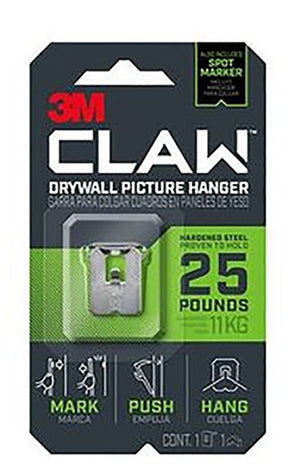 3M CLAW 3PH25-1ES Drywall Picture Hanger, 25 lb, Steel, 1/8 in Projection, Hanging, Wall Mounting