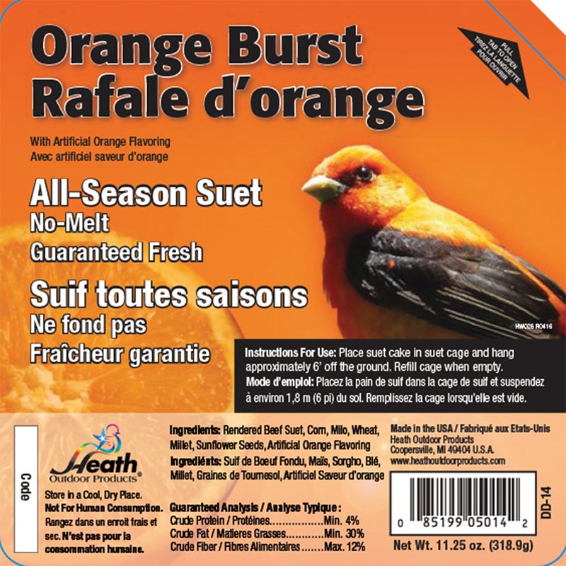 Heath 16646 Sunflower Seed Wild Bird Food, 11.25 oz, All-Season, Suet, Cake, Orange Burst, Pack of 12