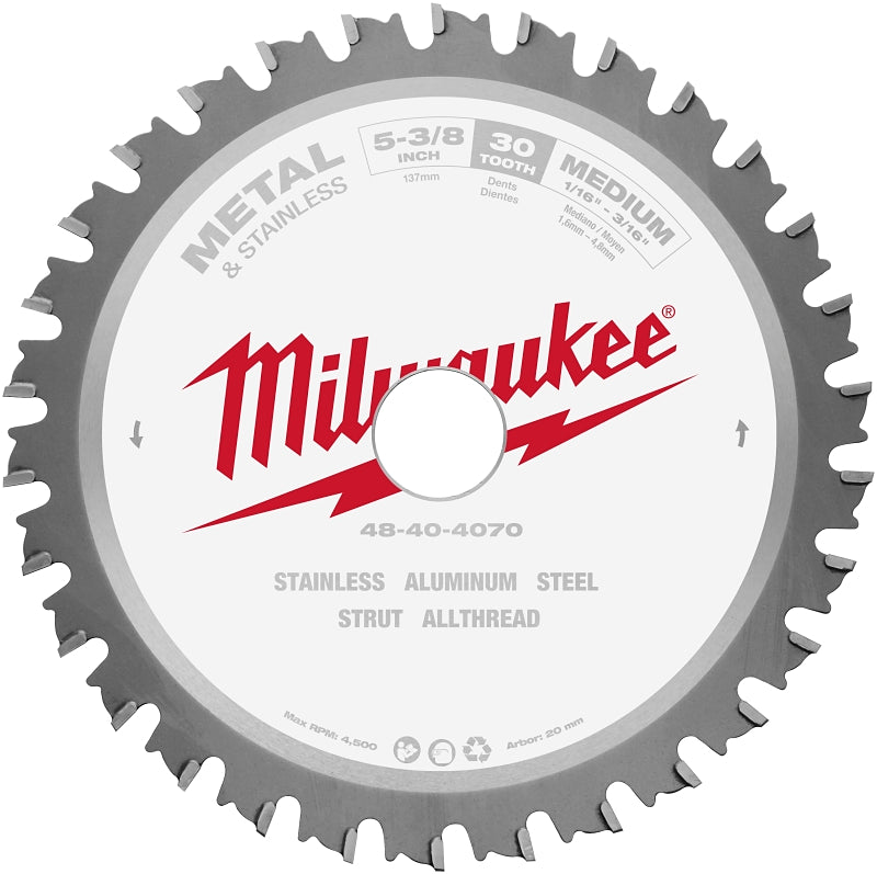 Milwaukee 48-40-4070 Circular Saw Blade, 5-3/8 in Dia, 20 mm Arbor, 30-Teeth, Carbide Cutting Edge