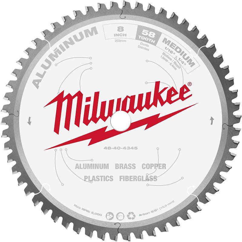 Milwaukee 48-40-4345 Circular Saw Blade, 8 in Dia, 5/8 in Arbor, 58-Teeth, Carbide Cutting Edge