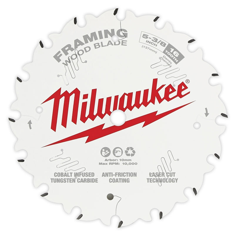 Milwaukee 48-40-0522 Circular Saw Blade, 5-3/8 in Dia, 10 mm Arbor, 16-Teeth, Carbide Cutting Edge